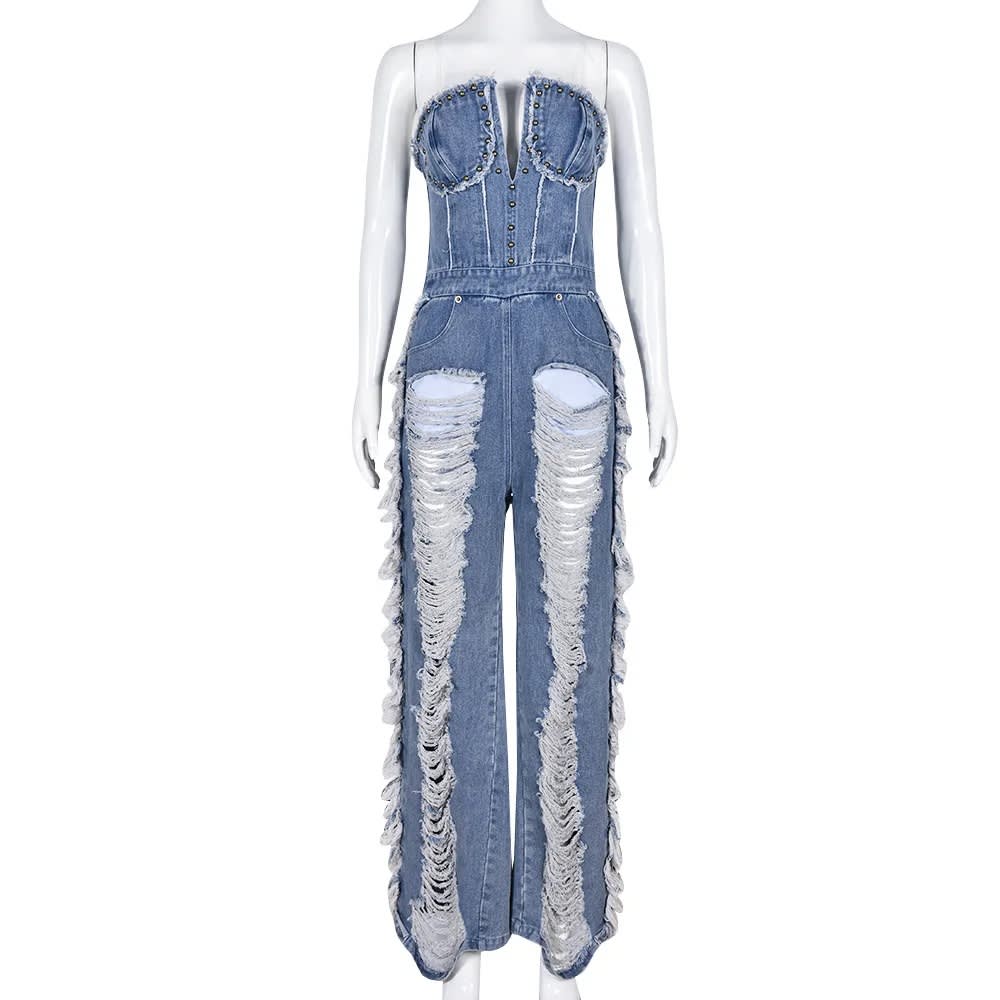 2023 Vintage Denim Jumpsuit: Off-Shoulder Rivet Romper